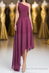 One Shoulder Plum Asymmetric Chiffon Long Party Dress
